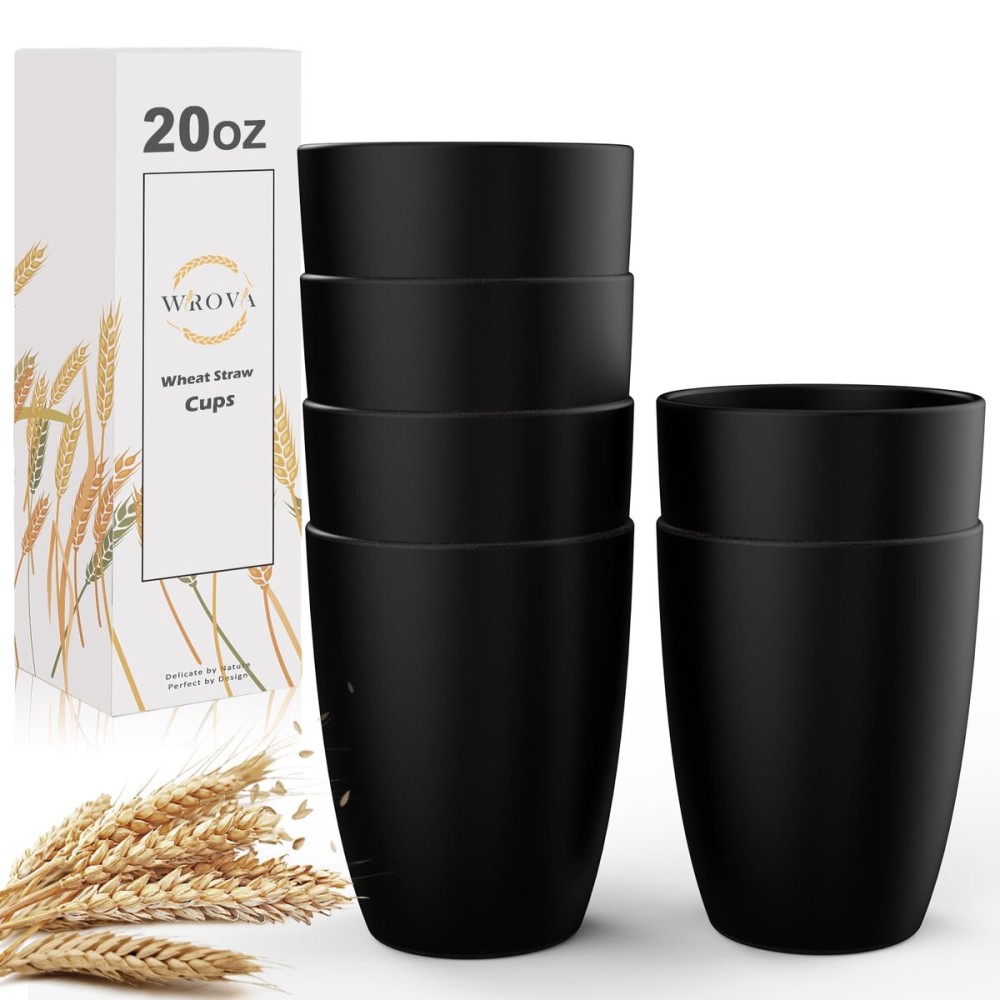 Wrova Wheat Straw Cups 6 PCS Good Alternative to Plastic Reusable Cups 20 oz Unbreakable Drinking Cup Reusable Dishwasher Safe Water Plastic Glasses Black