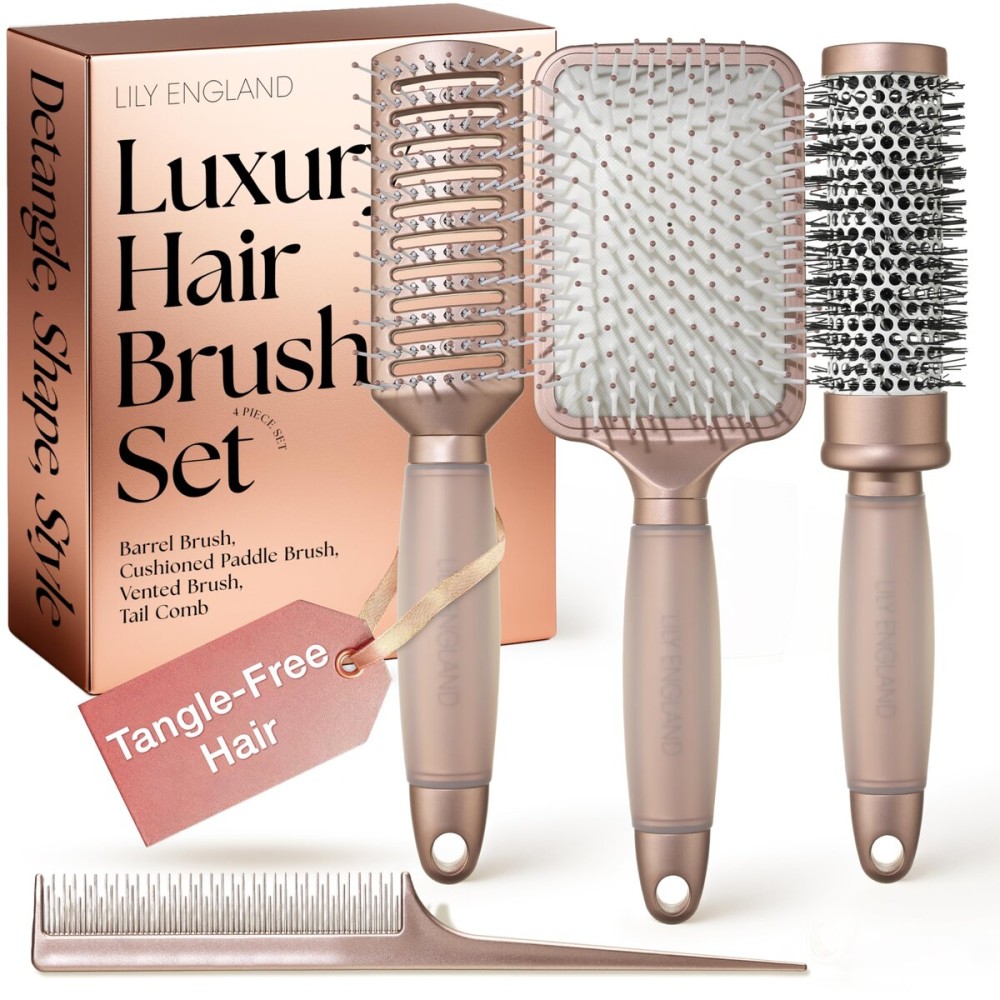 Luxury Hair Brush Gift Set for Women & Girls - Lily England 4-Piece Professional Styling Collection - Premium Ladies Gift Set | Elegant Gifts for Women for All Hair Types - Matte Rose Gold