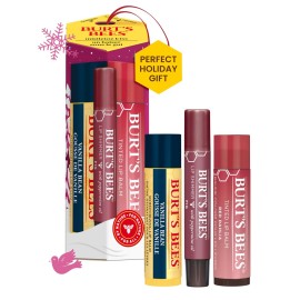 Burt\'s Bees Christmas Gifts, 3 Lip Care Stocking Stuffers Products, Mistletoe Kiss Set - Vanilla Bean Moisturizing Lip Balm, Red Dahlia Tinted Lip Balm & Fig Lip Shimmer (3-Pack)