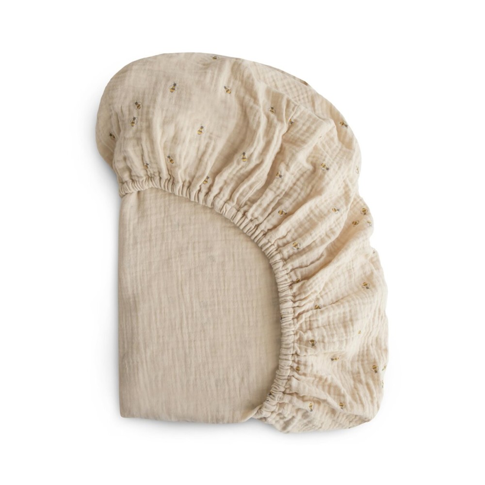 mushie Extra Soft Muslin Fitted Crib Sheet | 192 Thread Count | 28x 52 (Bees)