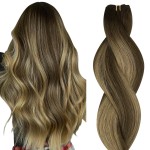 HOTBANANA Sew in Hair Extensions Real Human Hair, 14inch 80g Weft, Chocolate Brown Mixed Caramel Blonde Balayage, Straight Remy Hair, Full Head