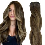 HOTBANANA Sew in Real Human Hair Extensions, 14inch 80g Weft, Balayage Chocolate Brown to Honey Blonde, Straight Remy Hair, Full Head