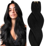 HOTBANANA Sew in Hair Extensions Real Human Hair, 14inch 80g Weft Hair Extensions Jet Black Sew in Hair Extensions Straight Remy Human Hair Weft Hair Extensions Full Head