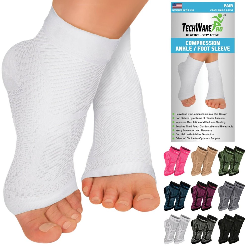 TechWare Pro Ankle Brace Compression Sleeve - Relieves Achilles Tendonitis, Joint Pain. Plantar Fasciitis Foot Sock with Arch Support Reduces Swelling & Heel Spur Pain. (White/White L/XL)