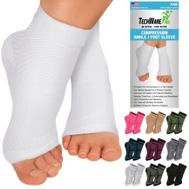 TechWare Pro Ankle Brace Compression Sleeve - Relieves Achilles Tendonitis, Joint Pain. Plantar Fasciitis Foot Sock with Arch Support Reduces Swelling & Heel Spur Pain. (White/White XXL)