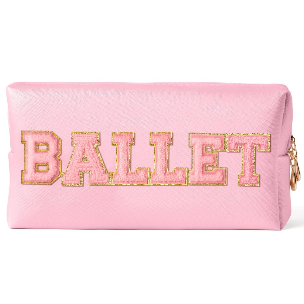 Y1tvei Ballet Cosmetic Bag for Girls - Preppy Patch BALLET Pink Chenille Letter Makeup Bag PU Leather Waterproof Portable Ballerina Makeup Pouch Dance Recital Travel Toiletry for Girl Dancer(Pink)