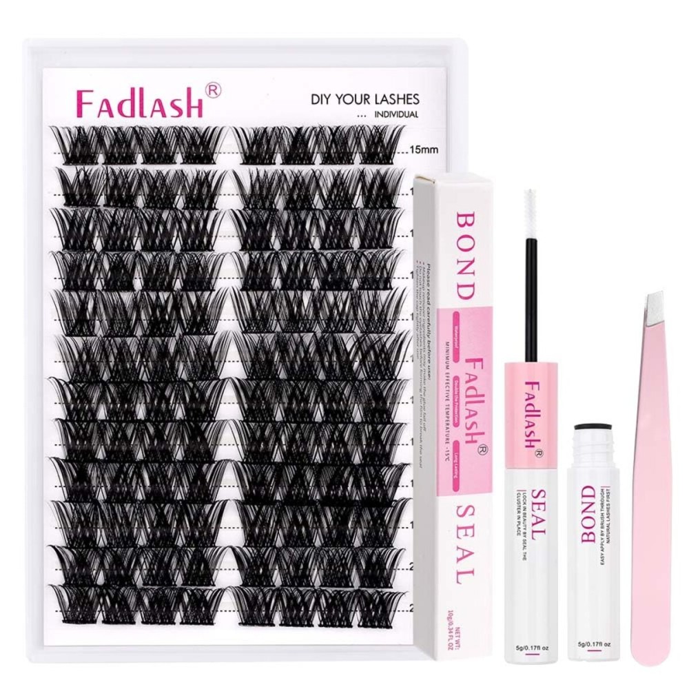 FADLASH Eyelash Extension Kit Lash Clusters Mix Tray Thin Band DIY Lash Extension Kit with Lash Bond and Seal Lash Tweezers Eyelash Applicator Tool Individual Lashes(F2-0.07D-15-20mm Kit)