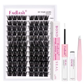 FADLASH Eyelash Extension Kit Lash Clusters Mix Tray Thin Band DIY Lash Extension Kit with Lash Bond and Seal Lash Tweezers Eyelash Applicator Tool Individual Lashes(F2-0.07D-15-20mm Kit)