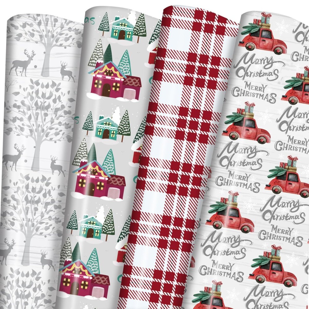 PlandRichW Christmas Wrapping Paper Folded 12 sheets for Kids Adults, 20 x 29 Inches Gift Wrap Paper Plaid, Barn, Red Truck, Moose, Woodland Scenes Designs