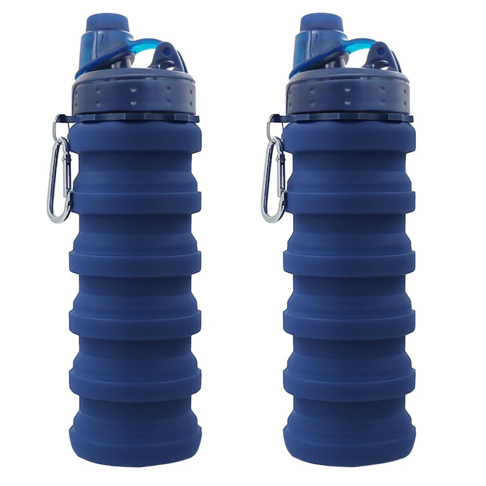 YCTMALL Collapsible Water Bottles Two Pack - Travel Sports Portable Silicone Water-proof Camping Bottle with Mountaineering Buckle (500ml, Dark Blue & Blue)