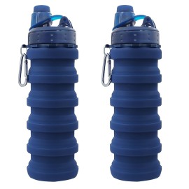YCTMALL Collapsible Water Bottles Two Pack - Travel Sports Portable Silicone Water-proof Camping Bottle with Mountaineering Buckle (500ml, Dark Blue & Blue)