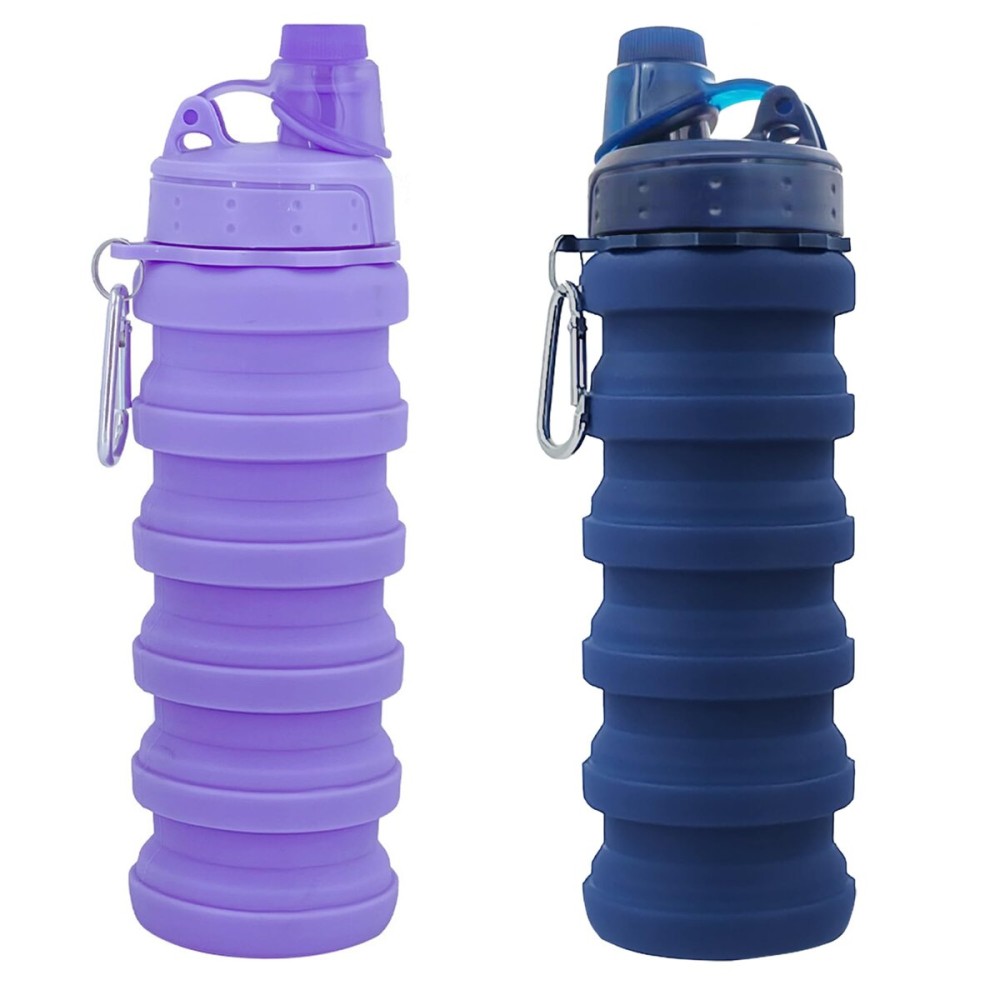 YCTMALL Collapsible Water Bottles Two Pack Travel Sports Portable Sport Water Bottle comes with mountaineering Buckle 500ml silicone Water-proof camping water bottle (Dark blue and Purple Color)