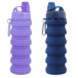 YCTMALL Collapsible Water Bottles Two Pack Travel Sports Portable Sport Water Bottle comes with mountaineering Buckle 500ml silicone Water-proof camping water bottle (Dark blue and Purple Color)