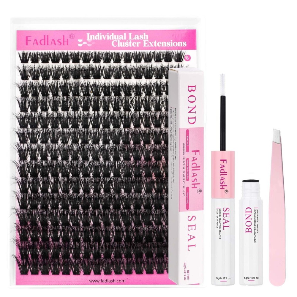 FADLASH Lash Extension Kit 100D Lash Clusters D Curl Lash Cluster Kit DIY Eyelash Extension Kit with Lash Bond and Seal Lash Applicator Tool 3D Effect fluffy Cluster Lashes(100D Kit, Mix 8-16mm)