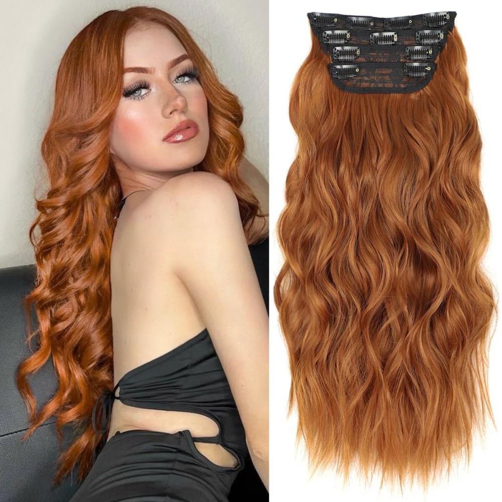 ALXNAN Clip in Hair Extension,Long Wavy Hair Extensions 20 Inch Orange Red 4PCS Thick Hairpieces for Women
