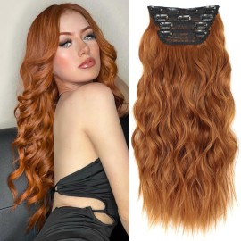 ALXNAN Clip in Hair Extension,Long Wavy Hair Extensions 20 Inch Orange Red 4PCS Thick Hairpieces for Women