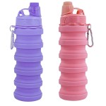 YCTMALL Collapsible Water Bottles Two Pack Travel Sports Portable Sport Bottle comes with mountaineering Buckle 500ml Silicone Water-proof Camping Bottle (Pink and Purple Color)