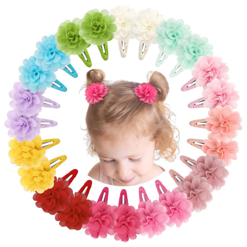 DeD 24PCS 2.7 Chiffon Flower Hair Bows Clips Flower Tiny Hair Clips Fine Hair for Girls Infants Toddlers Set of 12 Pairs