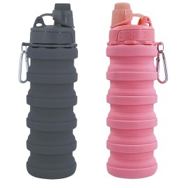 YCTMALL Collapsible Water Bottles Two Pack Travel Sports Portable Sport Bottle comes with mountaineering Buckle 500ml Silicone Water-proof Camping Bottle (Pink and Grey Color)