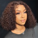 Fronbanis Chocolate Brown Glueless Wigs Human Hair Pre Plucked Pre Cut 180% Density Closure Wigs Human Hair Bob Wig Curly Human Hair Wig Wear and Go Glueless Wig for Women 12 Inches