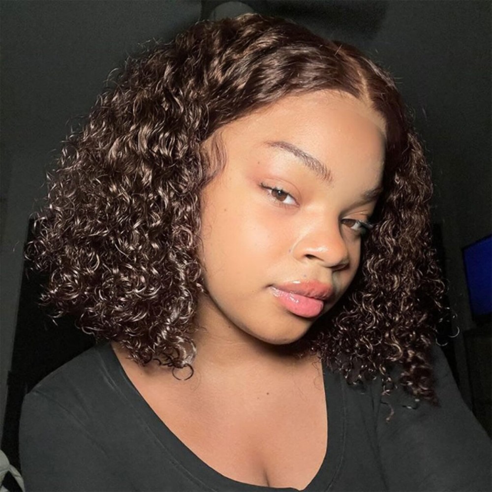 Fronbanis Chocolate Brown Glueless Wigs Human Hair Pre Plucked Pre Cut 180% Density Closure Wigs Human Hair Bob Wig Curly Human Hair Wig Wear and Go Glueless Wig for Women 8 Inches