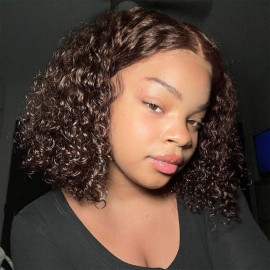 Fronbanis Chocolate Brown Glueless Wigs Human Hair Pre Plucked Pre Cut 180% Density Closure Wigs Human Hair Bob Wig Curly Human Hair Wig Wear and Go Glueless Wig for Women 8 Inches