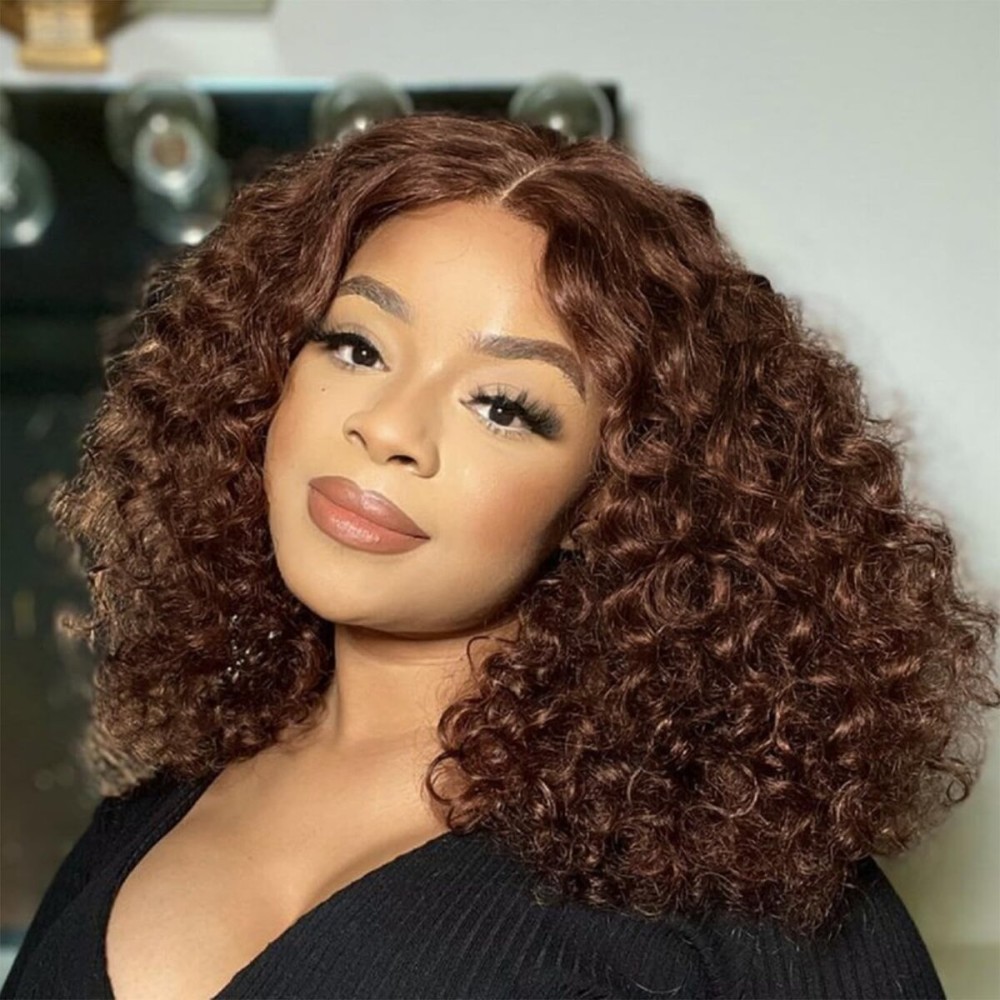 Chocolate Brown Glueless Wigs Human Hair Pre Plucked Pre Cut 180% Density Closure Wigs Human Hair Bob Wig Curly Human Hair Wig Wear and Go Glueless Wig for Women 14 Inches
