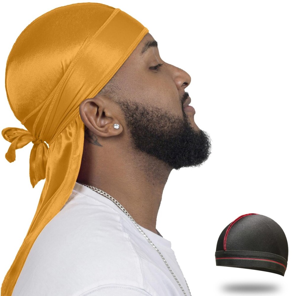 ForceWave Silky Durag for Men Wave Cap Satin Dorag for Men Women 360 Wave (Gold)