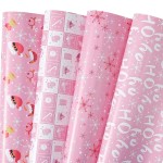 PlandRichW Pink Christmas Wrapping Paper 12 Sheets Folded for Girls Kids Adults, 20 x 29 inches Gift Wrap 4 Designs including HO Prints, Santa Claus, Snowflakes and Reindeer Holiday Collection
