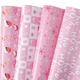 PlandRichW Pink Christmas Wrapping Paper 12 Sheets Folded for Girls Kids Adults, 20 x 29 inches Gift Wrap 4 Designs including HO Prints, Santa Claus, Snowflakes and Reindeer Holiday Collection