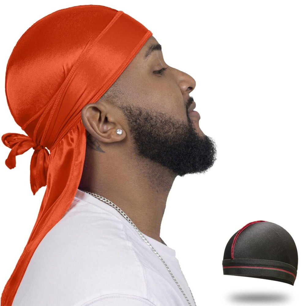 ForceWave Silky Durag for Men Wave Cap Satin Dorag for Men Women 360 Wave (Orange)