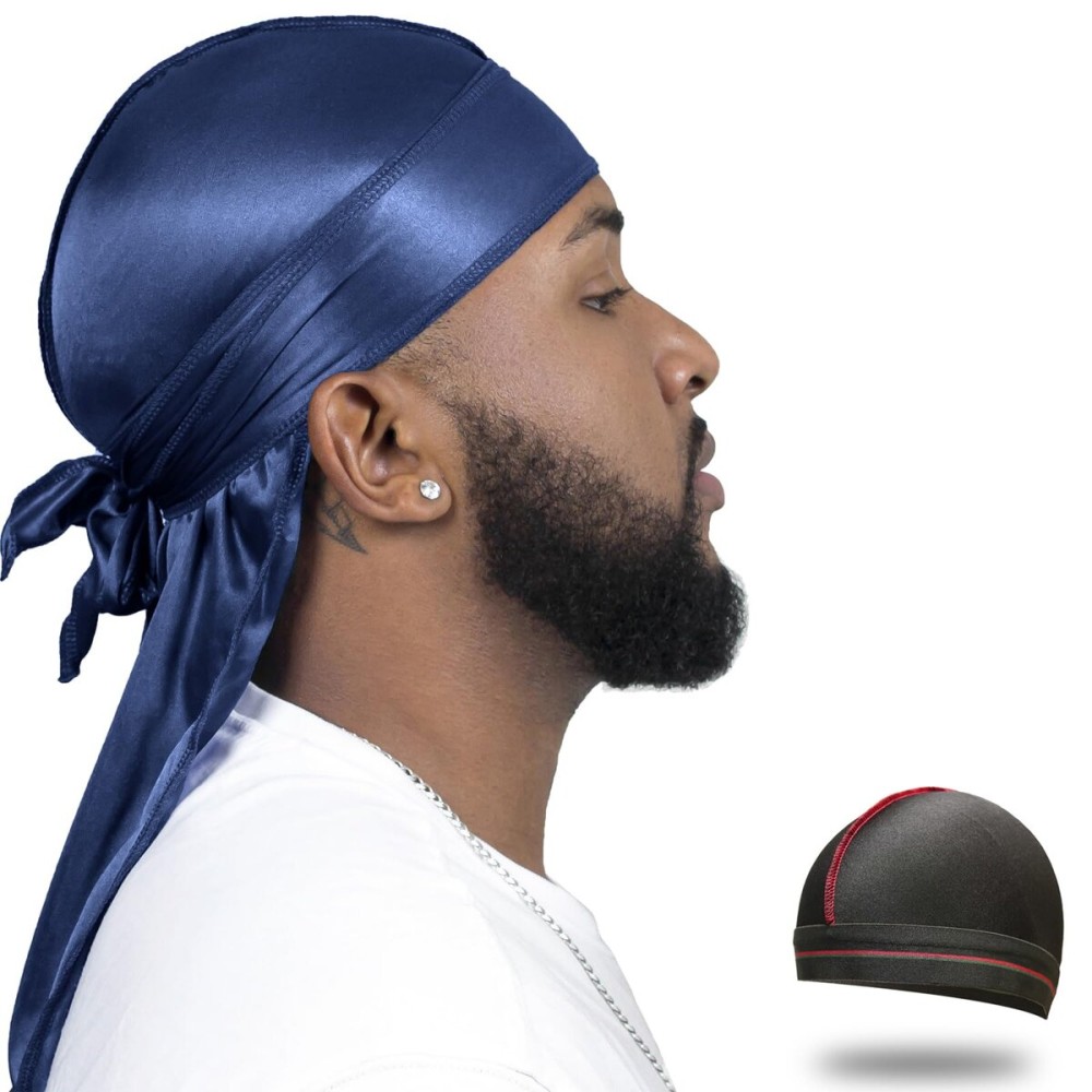 ForceWave Silky Durag for Men Wave Cap Satin Dorag for Men Women 360 Wave (Navy)