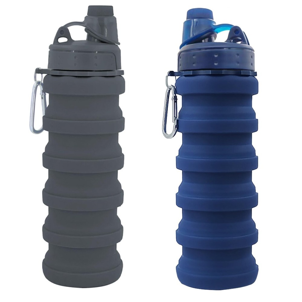 YCTMALL Collapsible Water Bottles Two Pack - Travel Sports Portable Silicone Water-proof Camping Bottle with Mountaineering Buckle (500ml, Dark Blue and Grey)