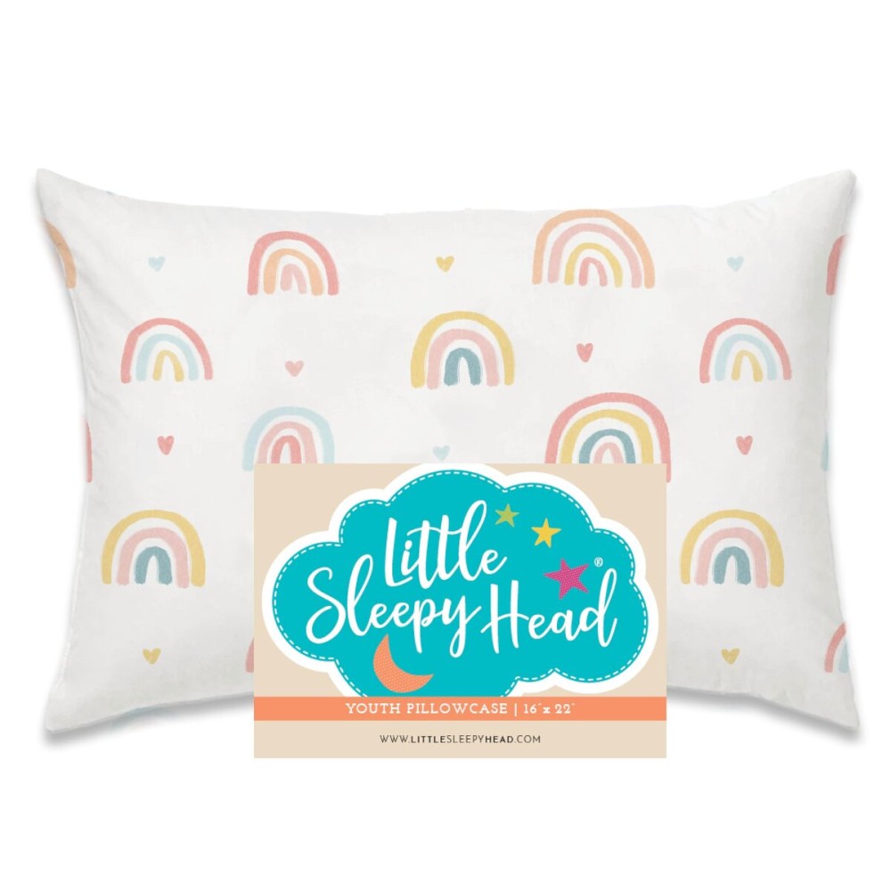 Little Sleepy Head Youth Pillow Case - 100% Made Cotton & Hypoallergenic Pillow Case - Snug Fit Envelope Pillowcase Enclosure - Youth Pillow 16x22 Size - (Rainbows) Design Travel Pillow Cover
