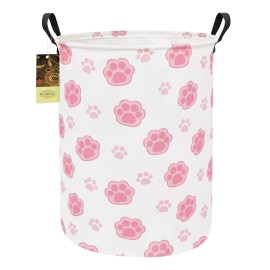 HUNRUNG Laundry Hamper,Large Canvas Fabric Lightweight Storage Basket Toy Organizer Dirty Clothes Collapsible Waterproof for College DormsRound-Pink Paw