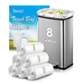 8 Gallon 200 Counts Strong Unscented Medium Trash Bags,Fit 7,8,9,10 Gal Garbage Bags by Teivio, 30 Liter Thick Bathroom Can Bin Liners,Plastic Bags for Home Office Kitchen, Clear
