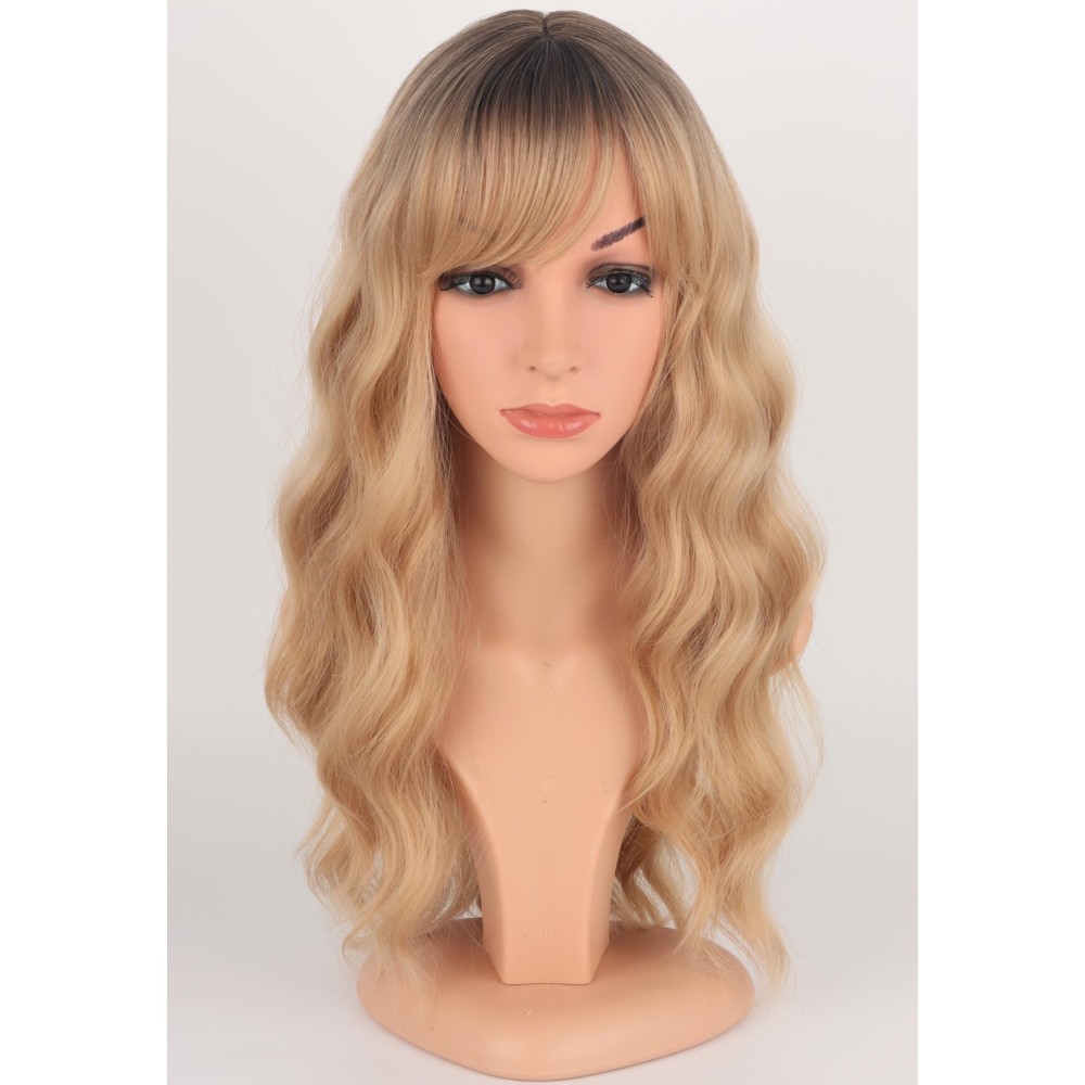 Medium Long Blonde Wavy Wigs For Women Synthetic Full Hair Blonde Wigs With Bangs For Daily Use (Blonde)