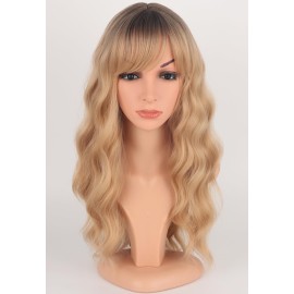 Medium Long Blonde Wavy Wigs For Women Synthetic Full Hair Blonde Wigs With Bangs For Daily Use (Blonde)