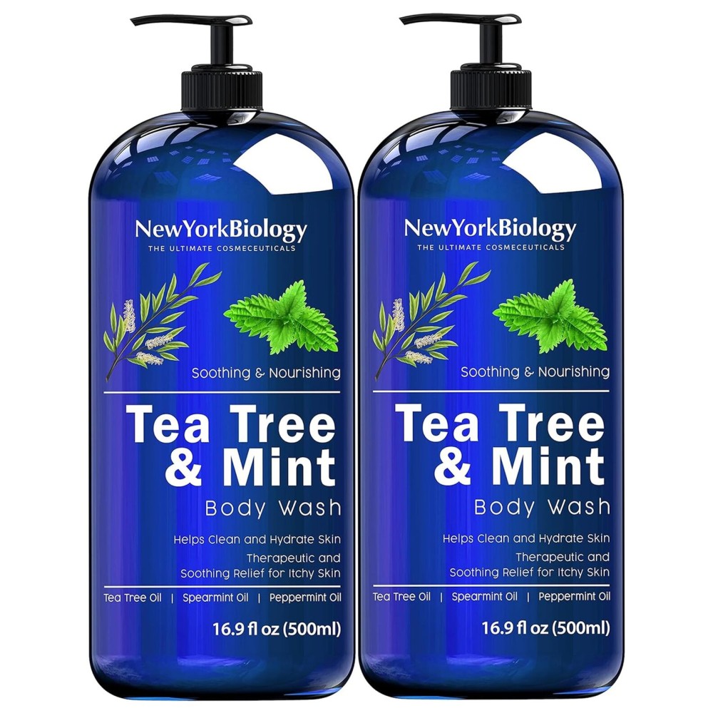 New York Biology Tea Tree Mint Body Wash for Men and Women - Moisturizing Body Wash Helps Soothe the Skin - Refreshing and Hydrating Cleanser for Body and Feet - 16.9 Fl Oz (Pack of 2)
