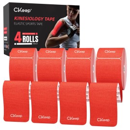 CKeep 4 Rolls Kinesiology Tape, Original Cotton Elastic Athletic Tape, 20 Precut 10 Strips Each, Red, Ideal for Muscle Support & Injury Prevention