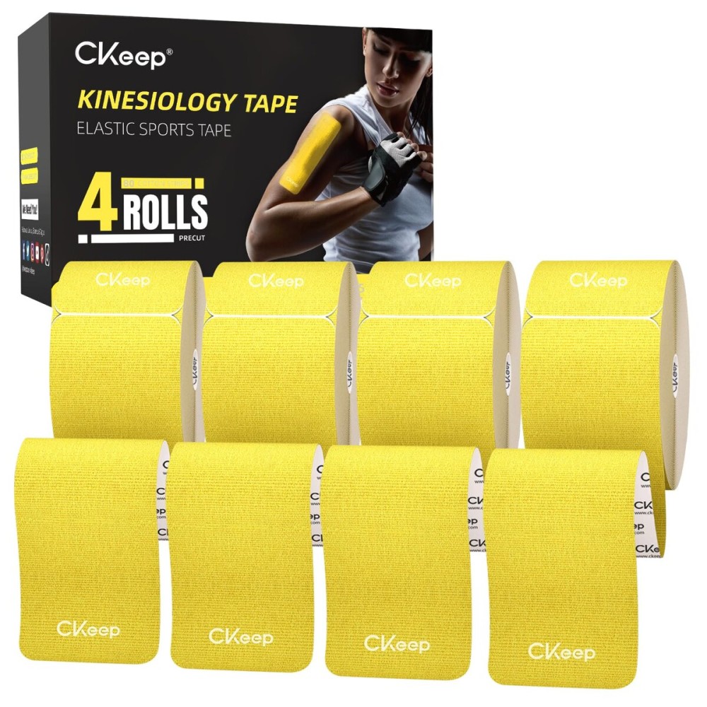 CKeep 4 Rolls Kinesiology Tape, Original Cotton Elastic Athletic Tape, 20 Precut 10 Strips Each,Yellow, Ideal for Muscle Support & Injury Prevention