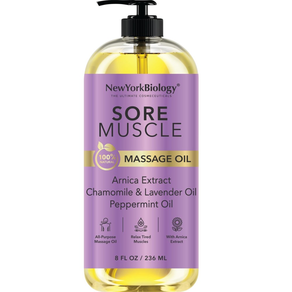 New York Biology Sore Muscle Massage Oil 8 Fl Oz - Made with 100% Natural Oils - Soothing Body Massage Oil - Absorbs Easily