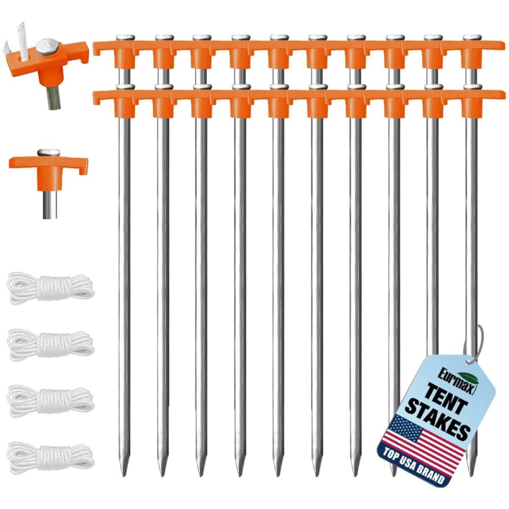 Eurmax USA Galvanized Non-Rust Camping Family Tent Pop Up Tent Stakes Ice Tools Heavy Duty 20pc-Pack, with 4x10ft Ropes & 1 Orange Stopper