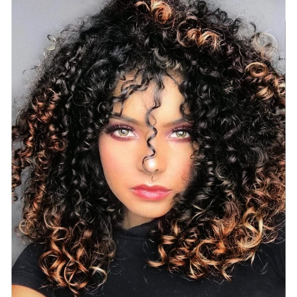 rosmile Curly Wigs for Black Women - Brown Mixed Black Synthetic Hair African American Full Kinky Curly Afro Wig with Bangs