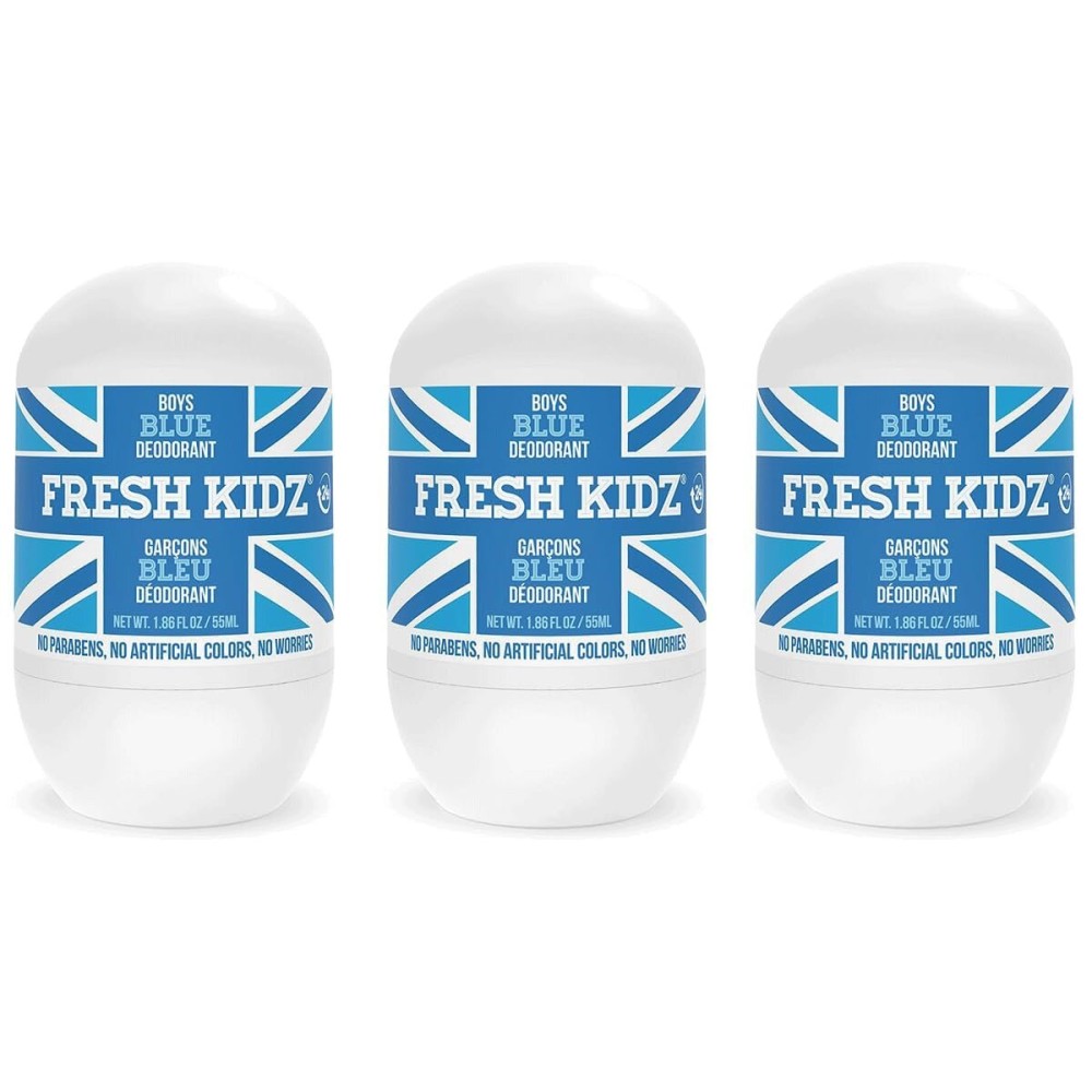 Fresh Kidz Roll On Deodorant for Kids and Teens - Baking Soda and Aluminum-free 24 Hour Protection for Sensitive Skin - Boys Blue 1.86 fl.oz. (3 Pack)