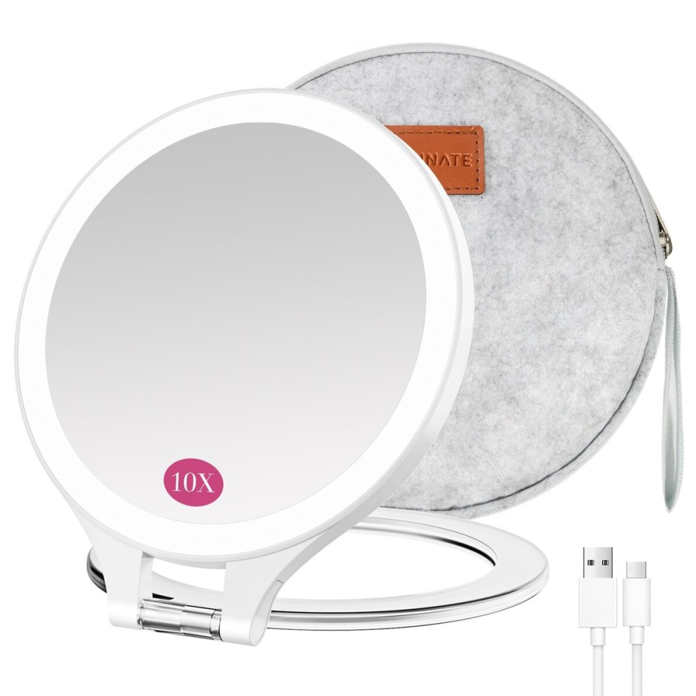 Magnifying Mirror with Light 10X/1X, Double Sided travel mirror with light, Rechargeable makeup mirror with 3 color setting Adjustable stand Lighted mirror Vanity Portable Desk Cosmetic Mirror