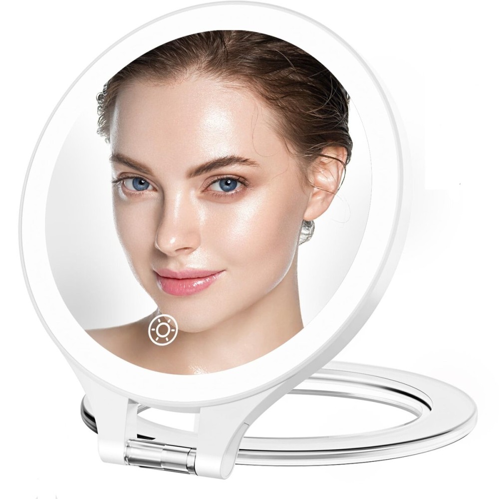 Magnifying Mirror with Light 10X/1X, Double Sided travel mirror with light, Rechargeable makeup mirror with 3 color setting Adjustable stand Lighted mirror Vanity Portable Desk Cosmetic Mirror