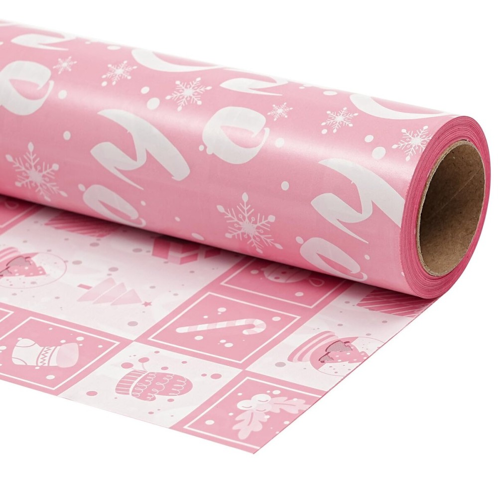 Ulmasinn Reversible Christmas Wrapping Paper Pink Mini Roll 17 Inches X 33 Feet for Girls Kids,printed with Ho Ho and Pink Holiday Collection Design for Festivals, Parties, Celebrations