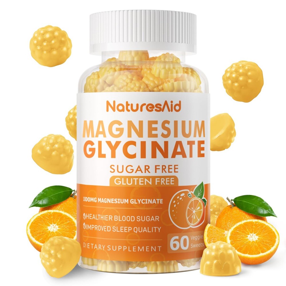 Magnesium Glycinate Gummies 1000mg - Sugar Free Magnesium Potassium Supplement with Vitamin D, B6, CoQ10 for Calm Mood & Sleep Support - 60 Orange Gummies -1 Pack