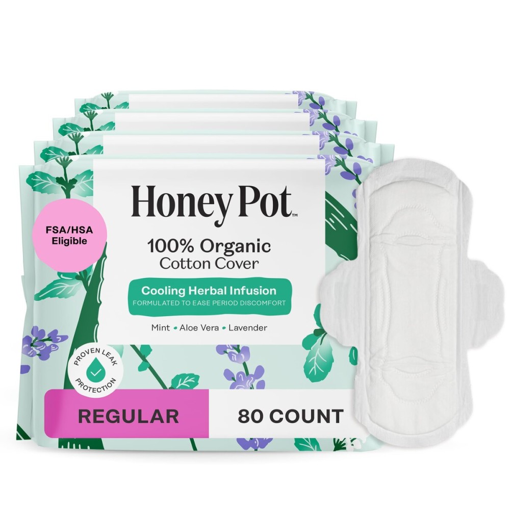 The Honey Pot Company - 80ct - Herbal Sanitary Pads for Women - Regular Flow w/Wings - Infused w/Essential Oils for Cooling Effect & Organic Cotton Cover - Feminine Care
